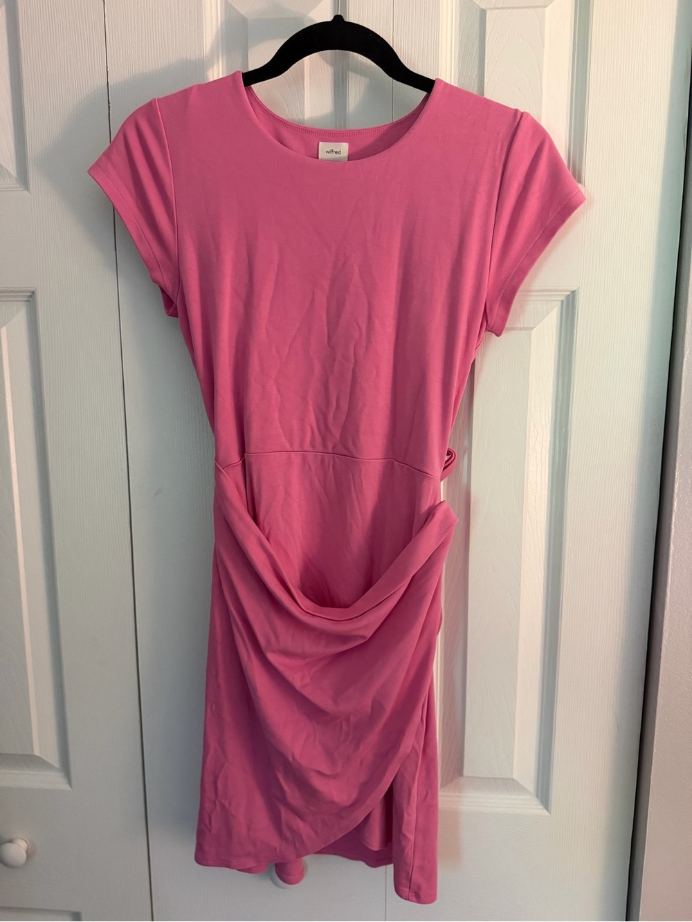 Aritzia Wilfred Lune Mini Dress Bubblegum Pink Draped Faux Wrap Short Sleeve • M